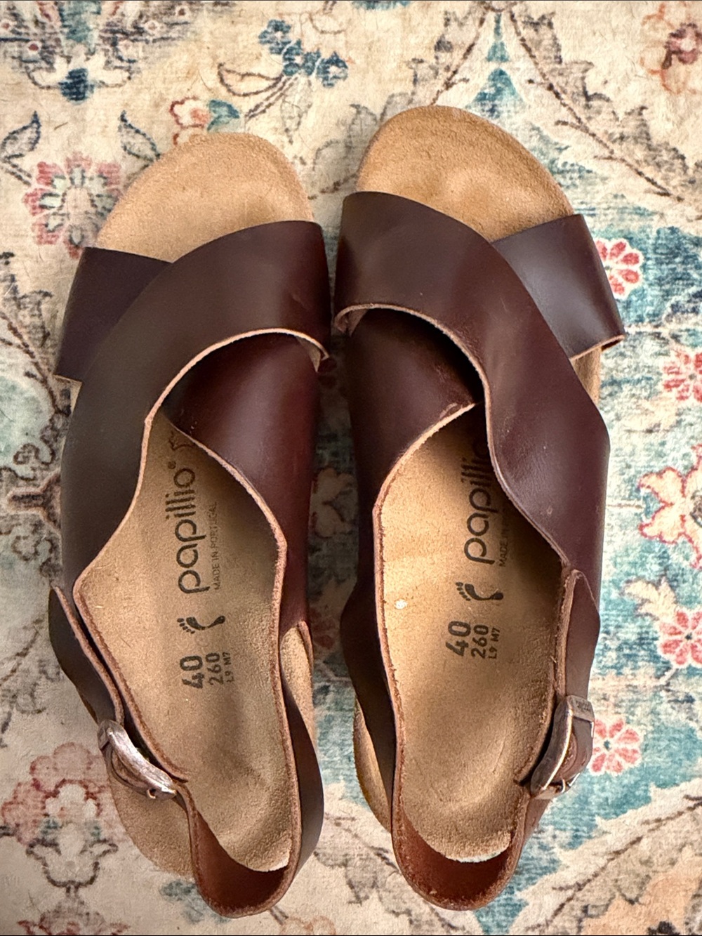 Papillio Brown Leather Slide Sandals with Cross-Strap and Buckle